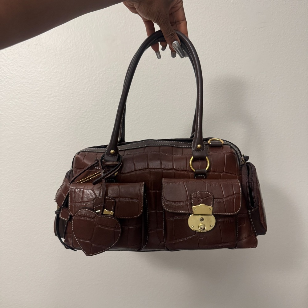 Brown Croc Embossed Shoulder Bag Heart Charm Made in Japan NWOT - Roberta Vivian